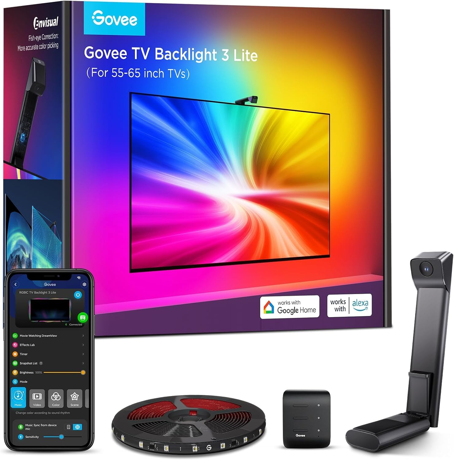 Govee TV Backlight 3 Lite - Fish-Eye Correction Function Sync RGBICW Wi-Fi TV LED Backlight with Camera